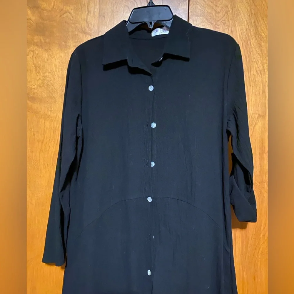 Long Sleeve Collard Button Down Shirt Dress Black With Side Slits Size Small - Picture 4 of 8
